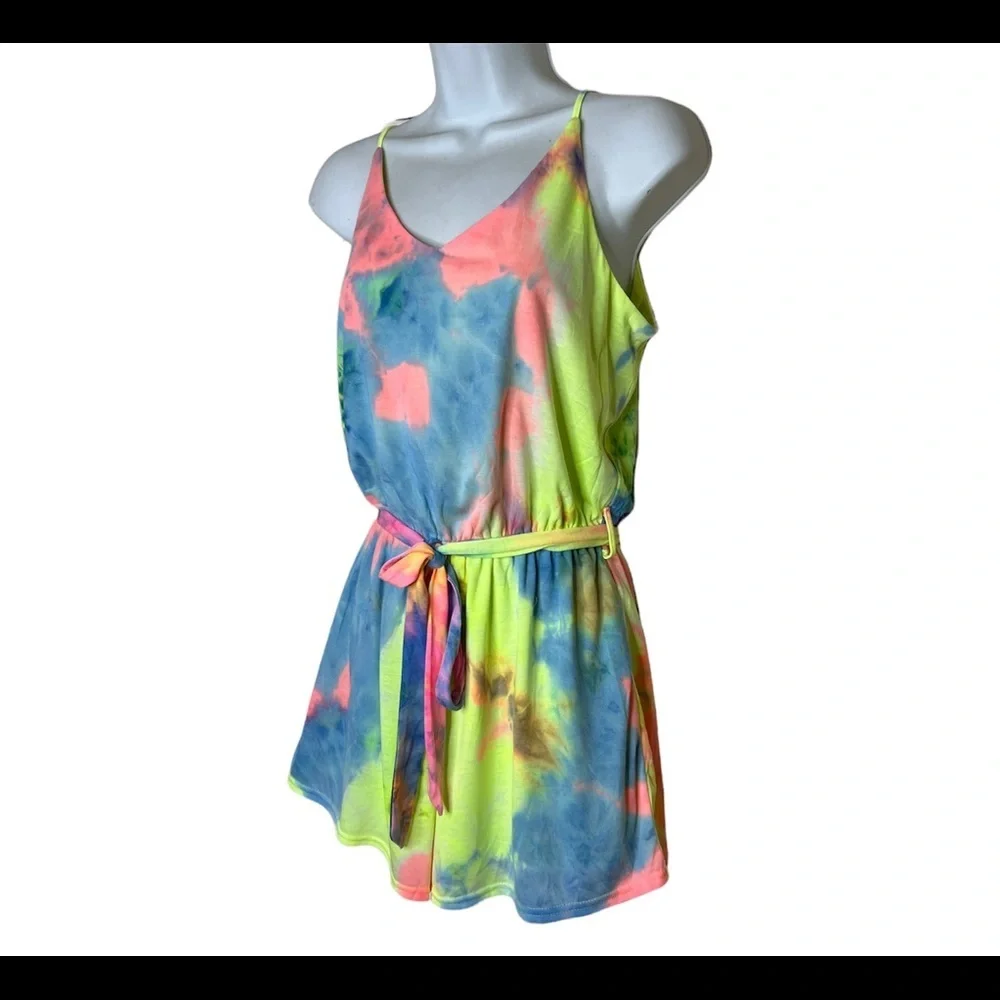 She+Sky womens size M Romper Jumpsuit shorts Boho Tie Dye sleeveless beach pink - Picture 7 of 12